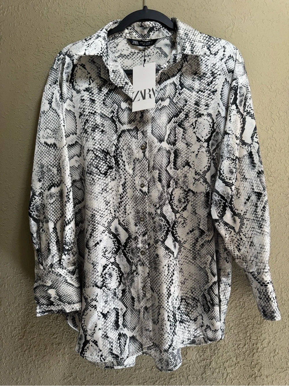 Zara Black and White Snake Print Button-Up Blouse